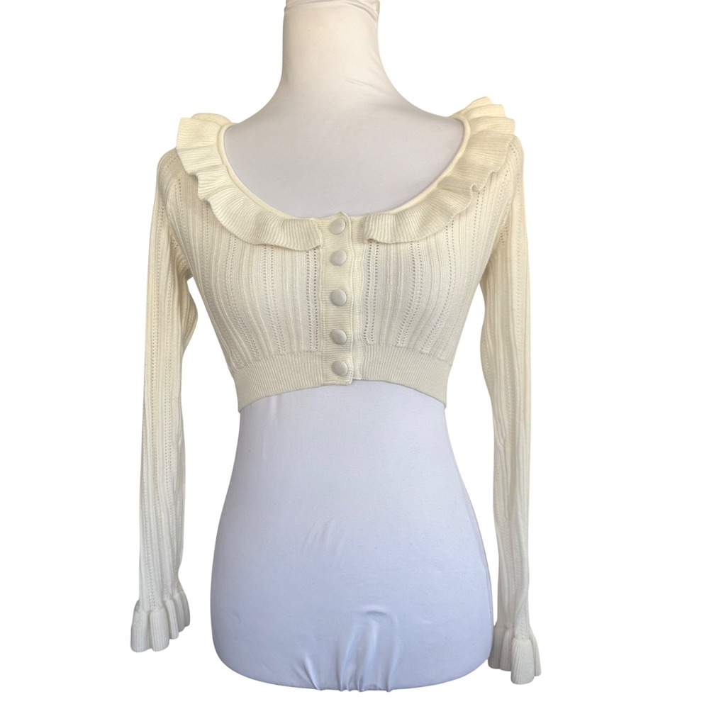 For Love & Lemons‎ Cream Pointelle Ruffle Cropped Cardigan Sweater XXS Ivory